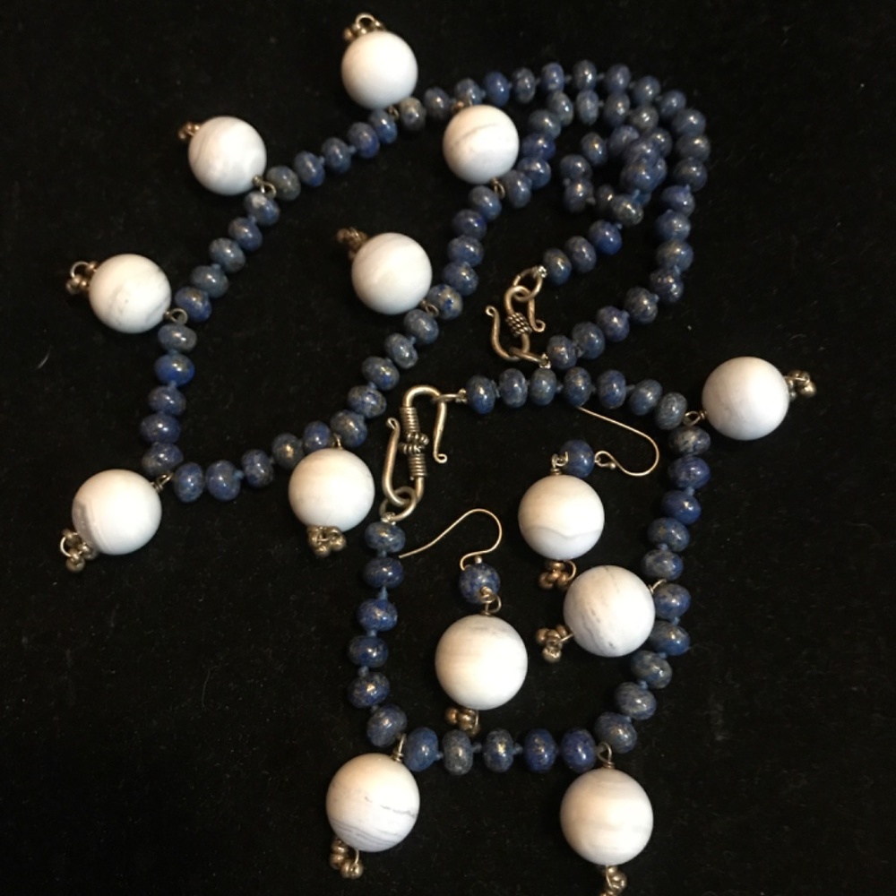 Gorgeous Custom design Lapislázuli, Agate, SS choker/ bracelet/ earrings set